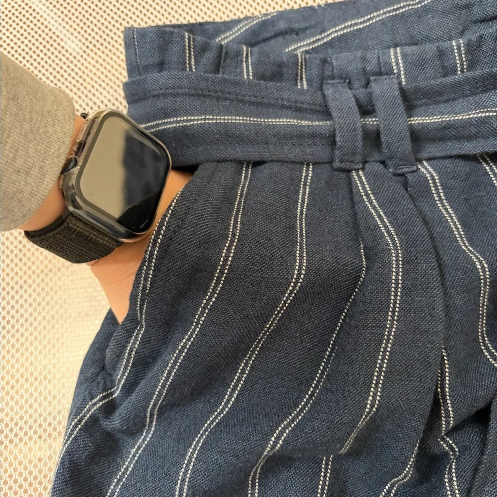 Banana Republic Avery Linen Cotton Striped Pants Navy Blue Tie Waist Crop 12 EUC